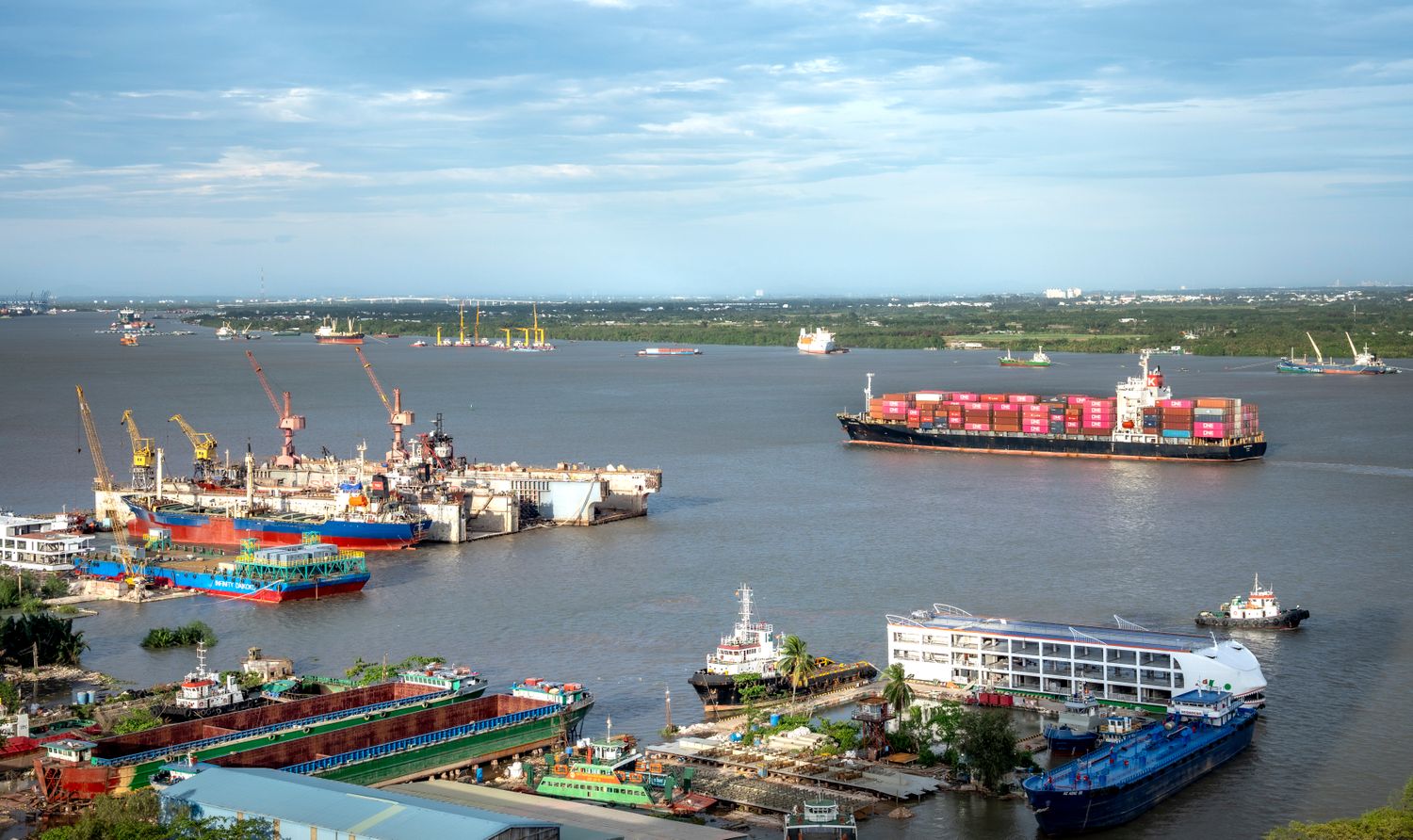 aerial view of bustling shipping port with cargo