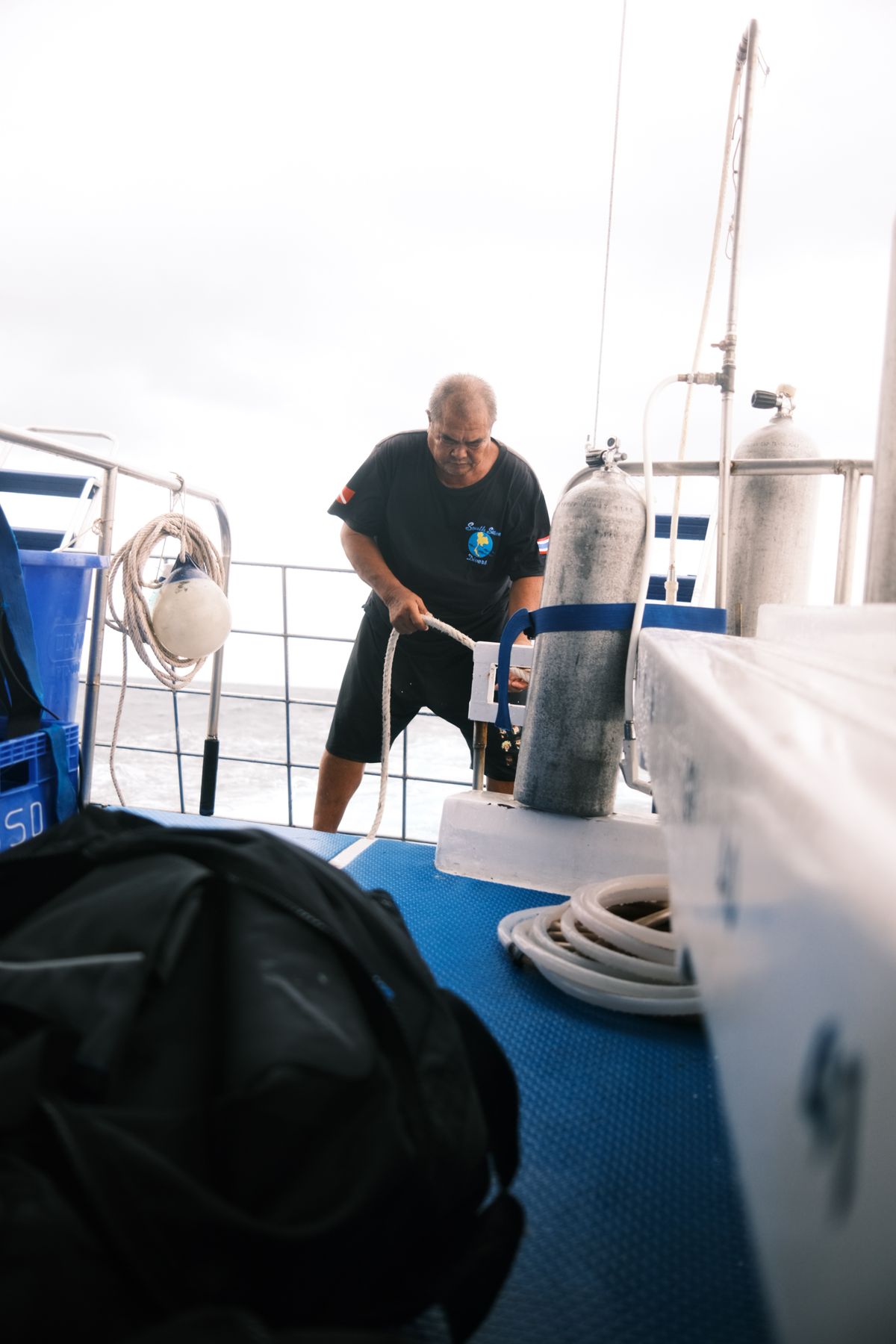 Diving equipment being prepared aboard a boat