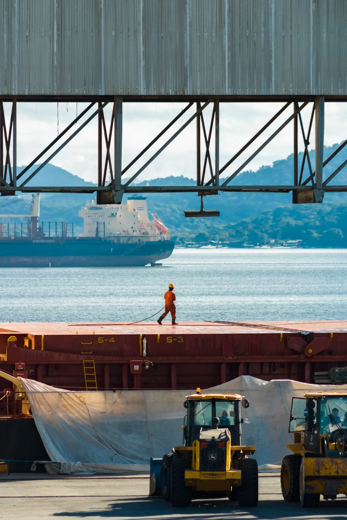 Port worker observing a vessel and quay operations